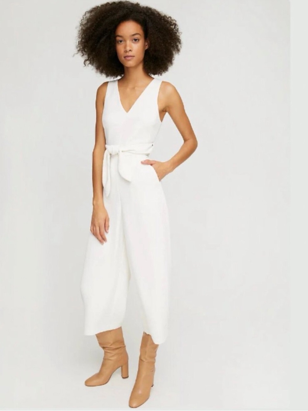 Wilfred White V-Neck Belted Wide-Leg Jumpsuit